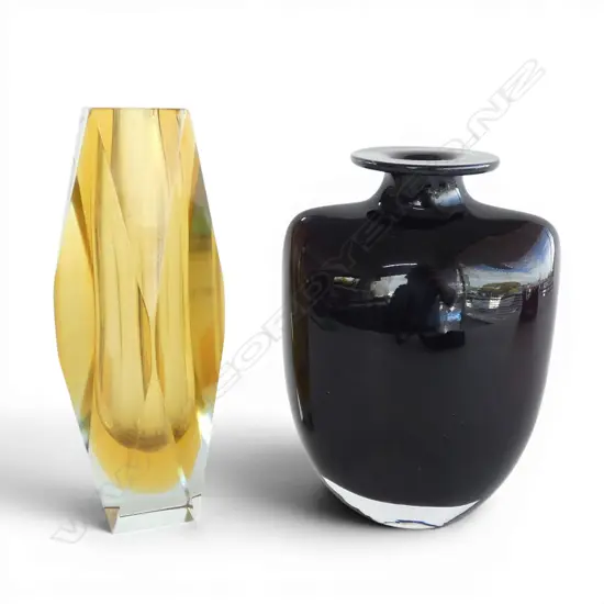 2 GLASS VASES one w. frits along edges H.200mm