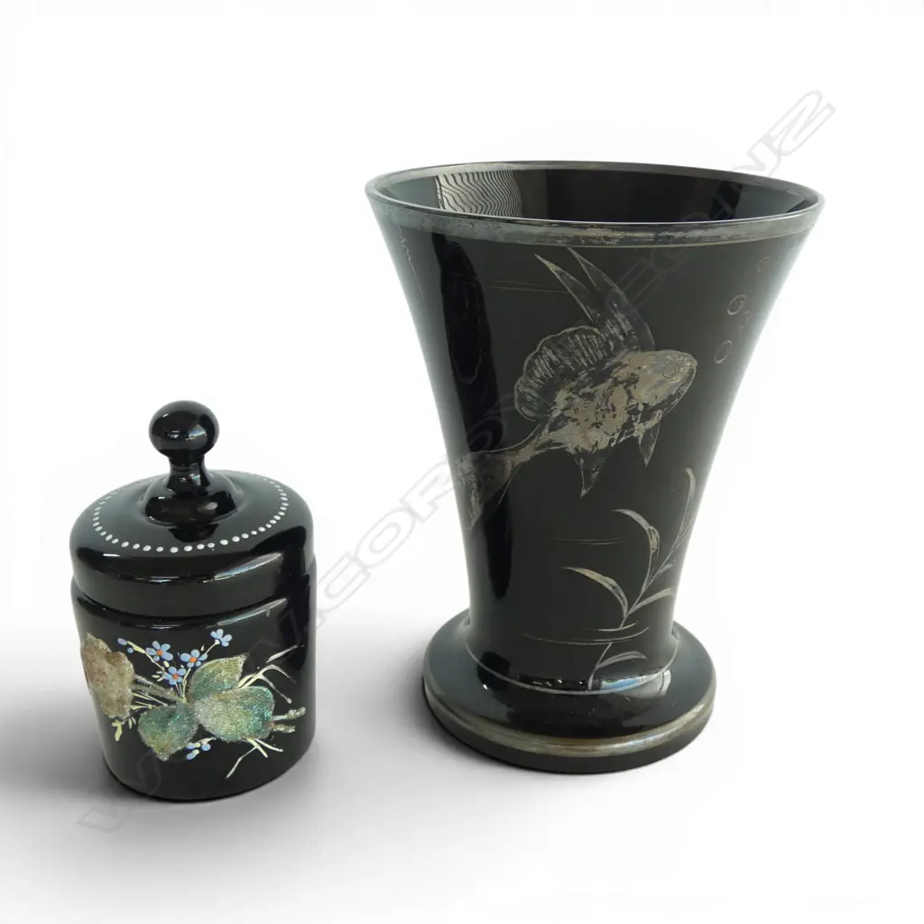 BLACK GLASS VASE w. SILVER OVERLAY H.175mm + LIDDED CONTAINER  Image 1++