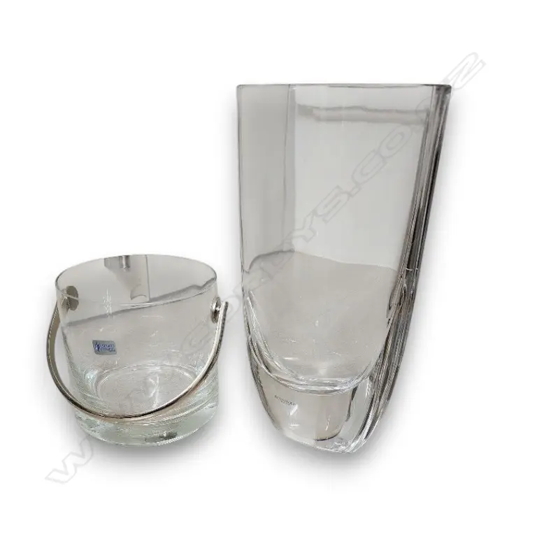 HEAVY GLASS VASE BY KOSTA BODA small chips AND SCHOTT ZWIESEL GLASS ICE BUCKET W CHROME SWING HANDLE 250mm H - 130mm H Image 1++