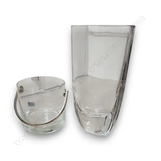 HEAVY GLASS VASE BY KOSTA BODA small chips AND SCHOTT ZWIESEL GLASS ICE BUCKET W CHROME SWING HANDLE 250mm H - 130mm H