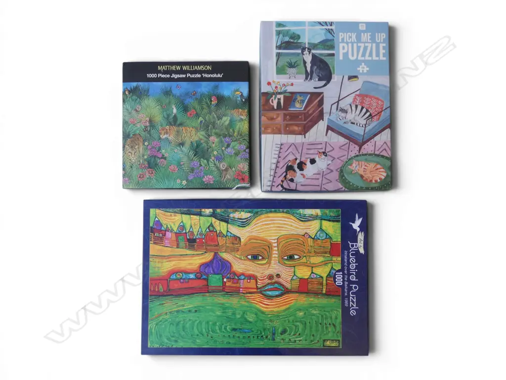 3 JIGSAW PUZZLES 1000PC HUNDERTWASSER &HONOLULU, 500PC CATS Image 1++
