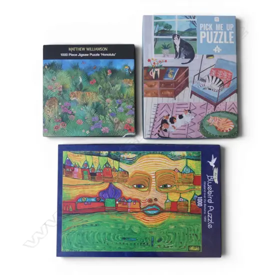 3 JIGSAW PUZZLES 1000PC HUNDERTWASSER &HONOLULU, 500PC CATS