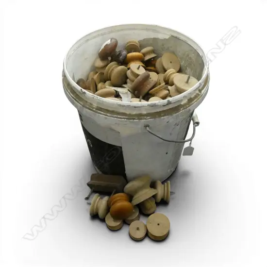 BUCKET OF TURNED BEECH KNOBS