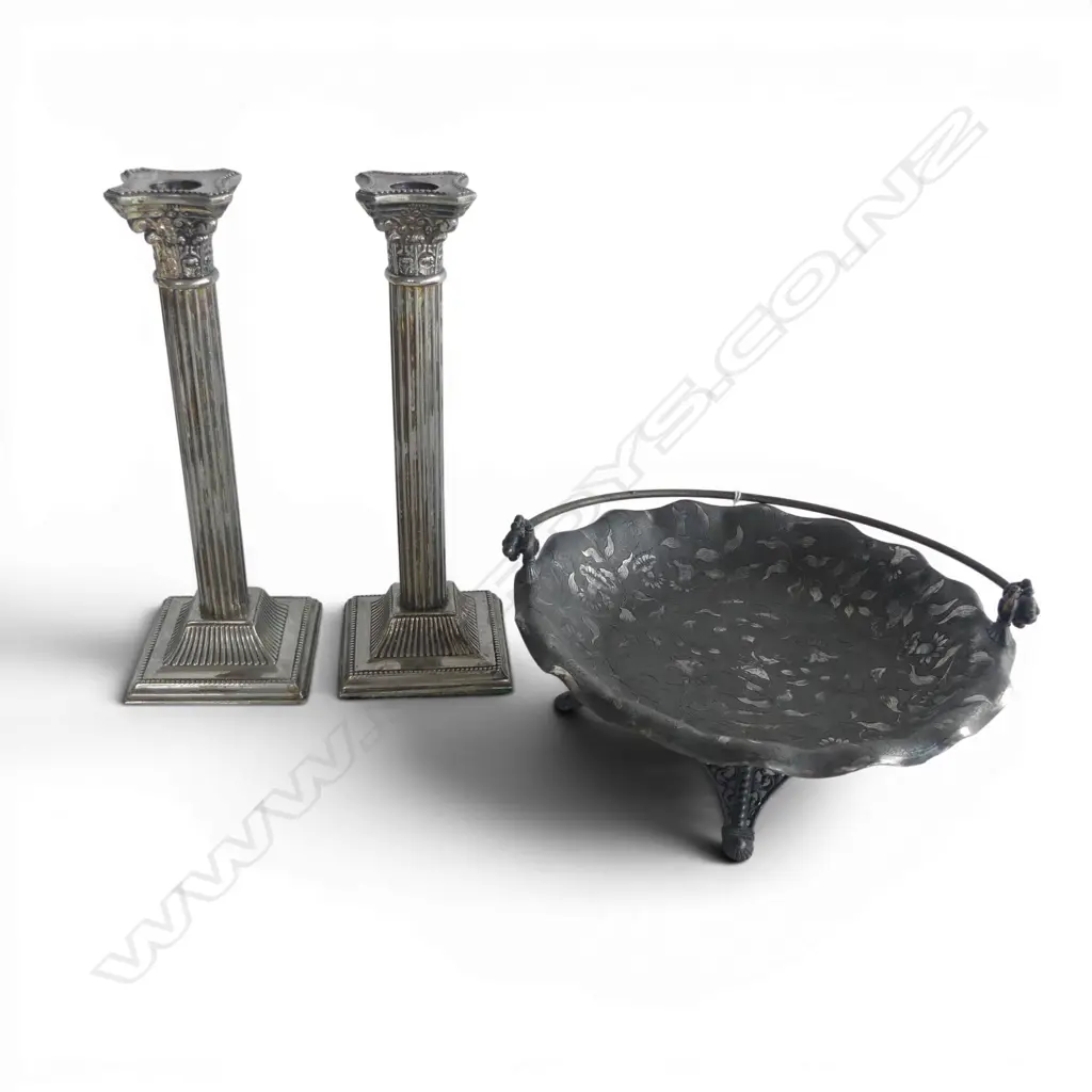 PR EP CANDLESTICKS H.255mm + DISH w. SWING HANDLE 240mm dia Image 1++