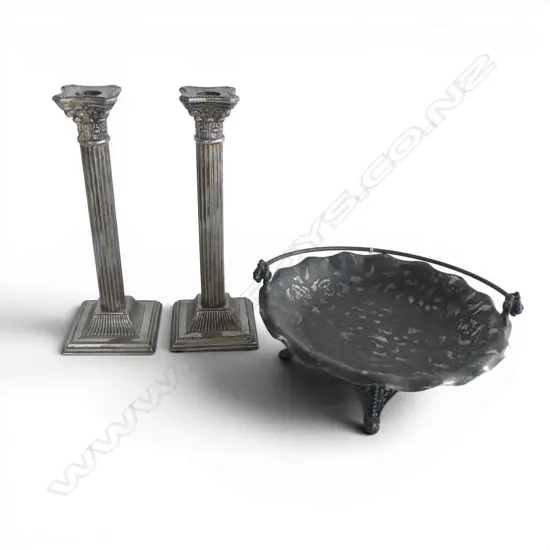 PR EP CANDLESTICKS H.255mm + DISH w. SWING HANDLE 240mm dia