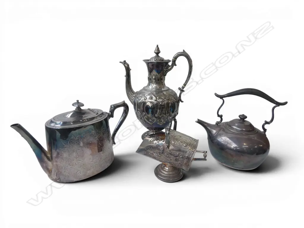 4 PCES OF SILVER PLATE; 2 TEAPOTS, COFFEEPOT & SUGAR Image 1++