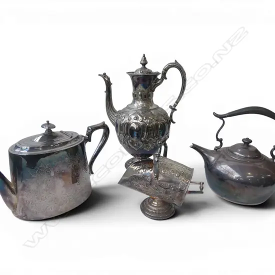 4 PCES OF SILVER PLATE; 2 TEAPOTS, COFFEEPOT & SUGAR