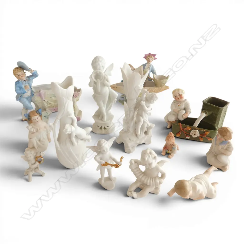 COLLECTION OF 13 EDWARDIAN BISCE CHINA FIGURE ONEMENTS 120MM TALLEST Image 1++