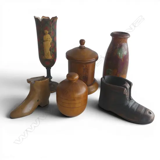 SIX TREEN WOODEN ITEMS SHOE SNUFF, VASE, CONTAINERS ETC 