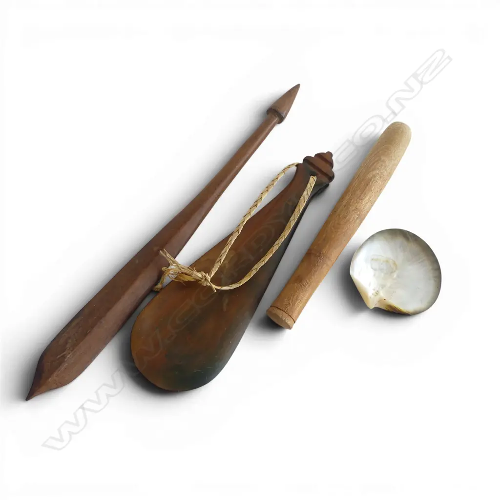 LG MODERN WOOD PATU, + 2 OTHER TRIBAL & MOP SHELL Image 1++