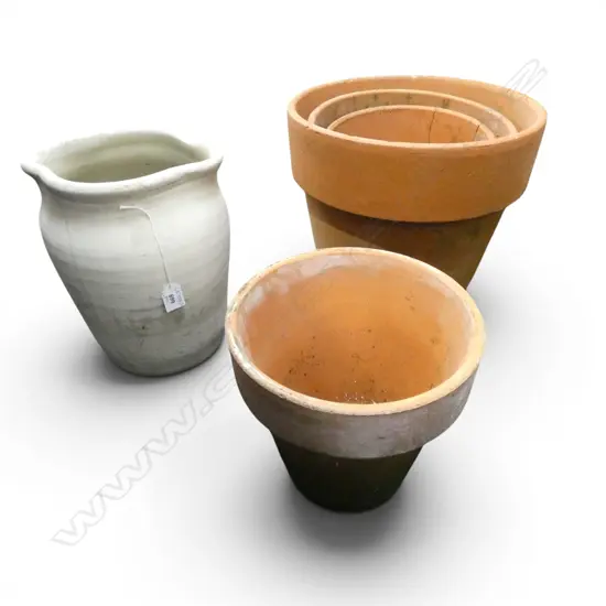4 MID 20thC CRUM POTTERY TERRACOTTA PLANT POTS H.310mm + ANOTHER VESSEL AF