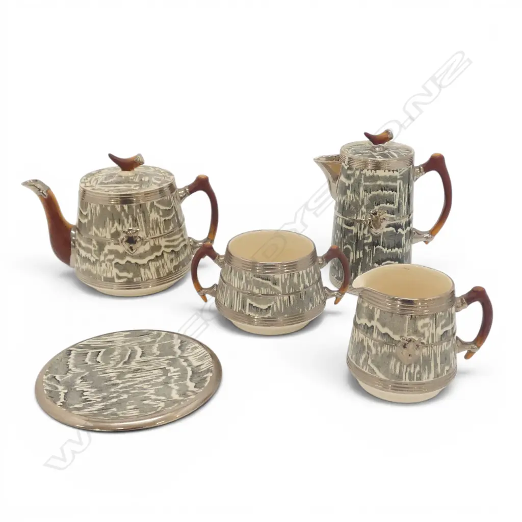 5 PCE ARTHUR WOOD 'SILVER SHIELD' TEASET tall jug w. spout chip and small hairline Image 1++