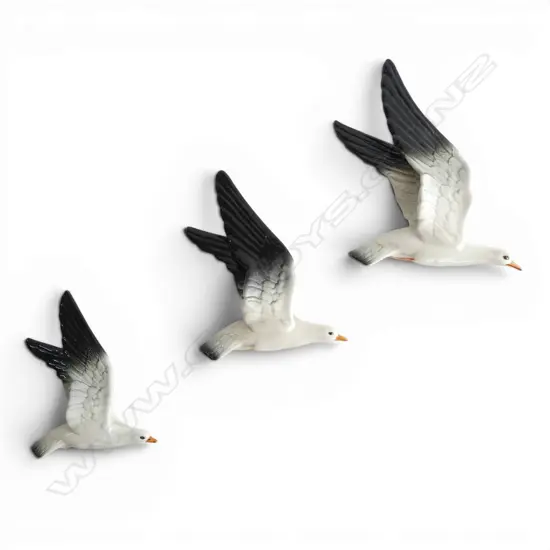SET 3 BESWICK FLYING WALL mounted SEAGULS 'WINGS UP'. #992 No's 1 + 2 + 3. Longest 35mm with faint hairline crack.