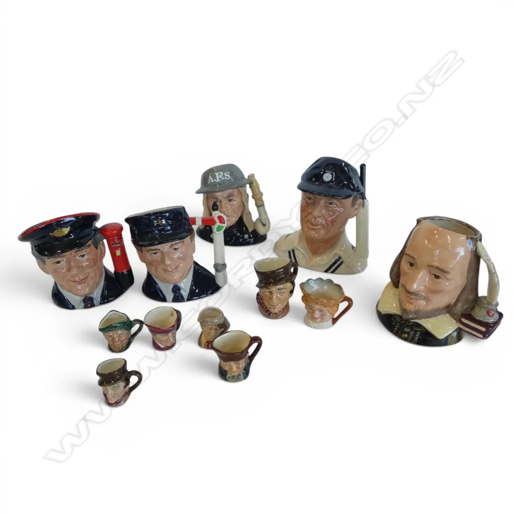 12 ROYAL DOULTON TOBY JUGS (7 MINIATURES + POSTMAN, ENGINE ROOM DRIVER, SHAKESPEARE, FIREMAN, CRICKETER Image 1++