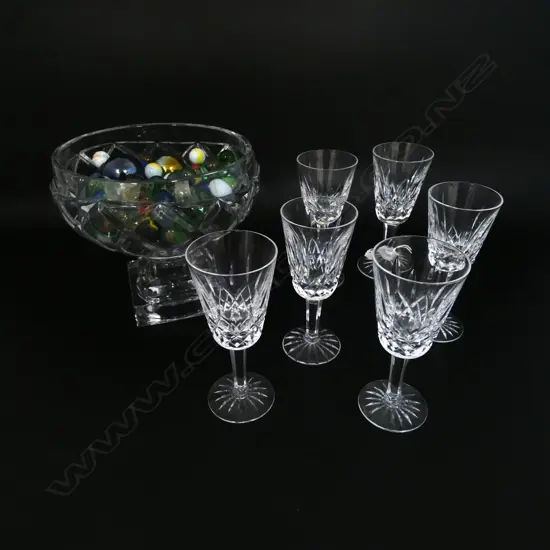 6 WATERFORD GLASSES H.130mm + CRYSTAL BOWL w. MARBLES