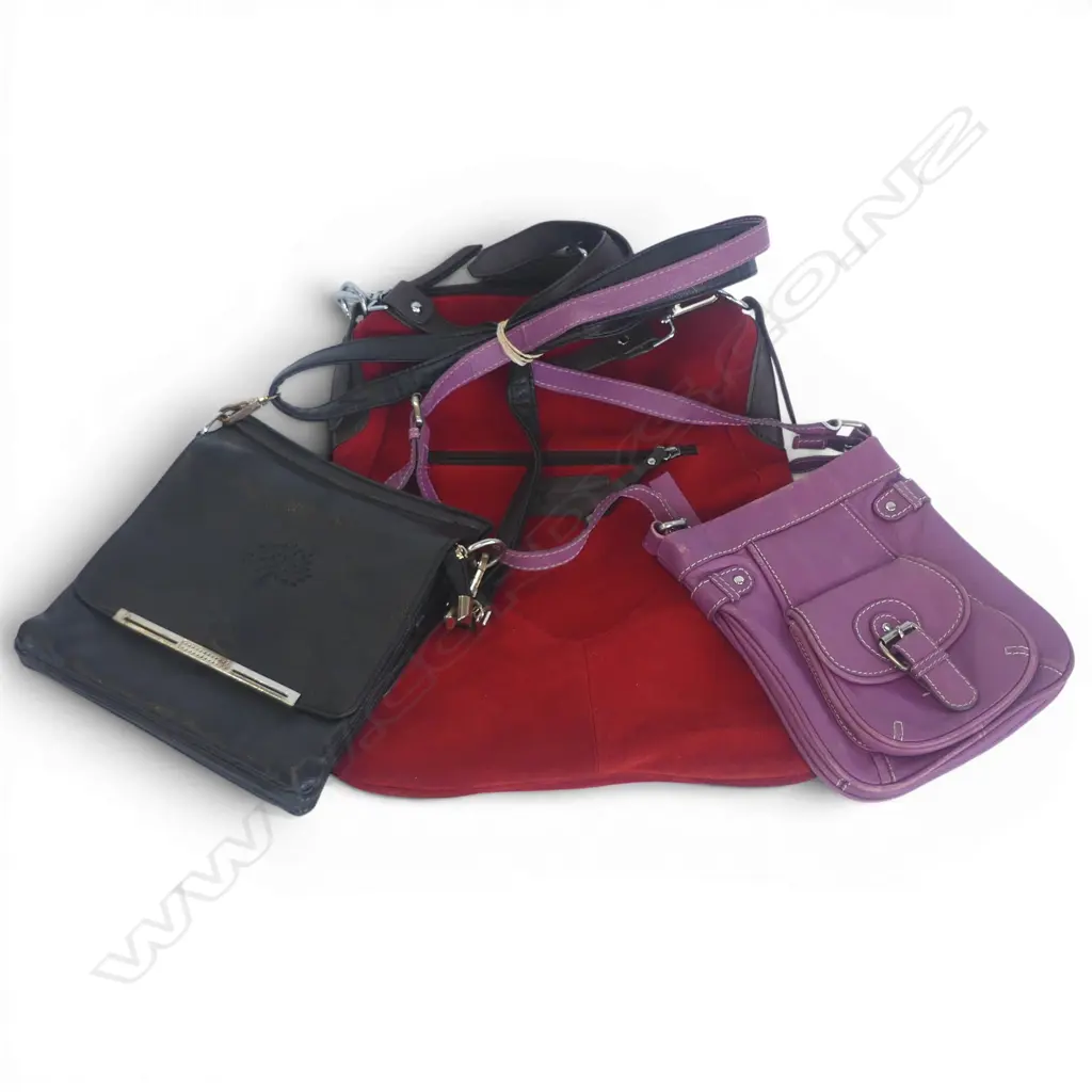 RED SUEDE 'TEMPO'SHOULDER BAG + 2 OTHER SMALLER LEATHER BAGS: PURPLE & BLACK Image 1++