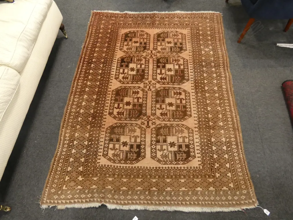 HAND KNOTTED ALL WOOL TURKMEN RUG, faded with small faults 1900x1450mm Image 1++