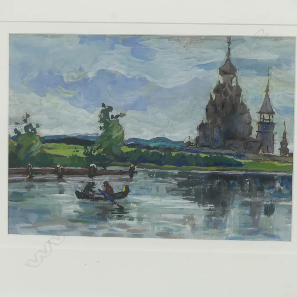 CANOE & ANCIENT BUILDINGS, ACRYLIC ON PAPER, UNSIGNED, 225MM X 315MM Image 1++