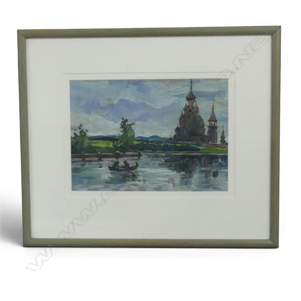 CANOE & ANCIENT BUILDINGS, ACRYLIC ON PAPER, UNSIGNED, 225MM X 315MM Image 1++