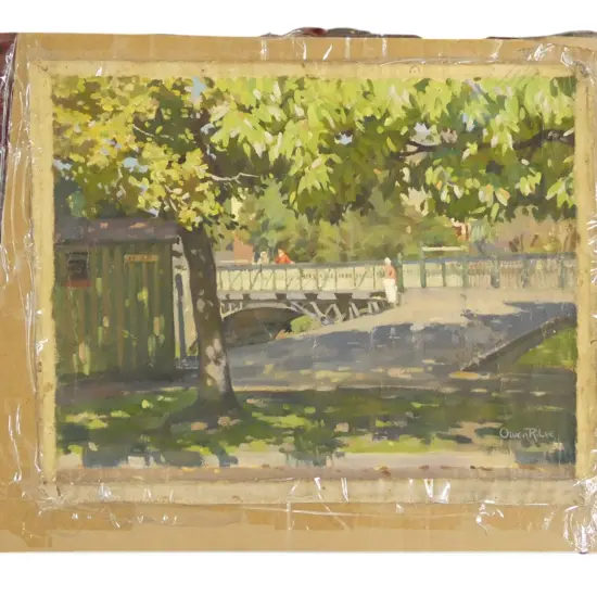 OWEN LEE, BRIDGE OVER RIVER - CHCH?, OIL ON CANVAS, SIGNED, 370 X 470MM (NOTE CANVAS CREASED)