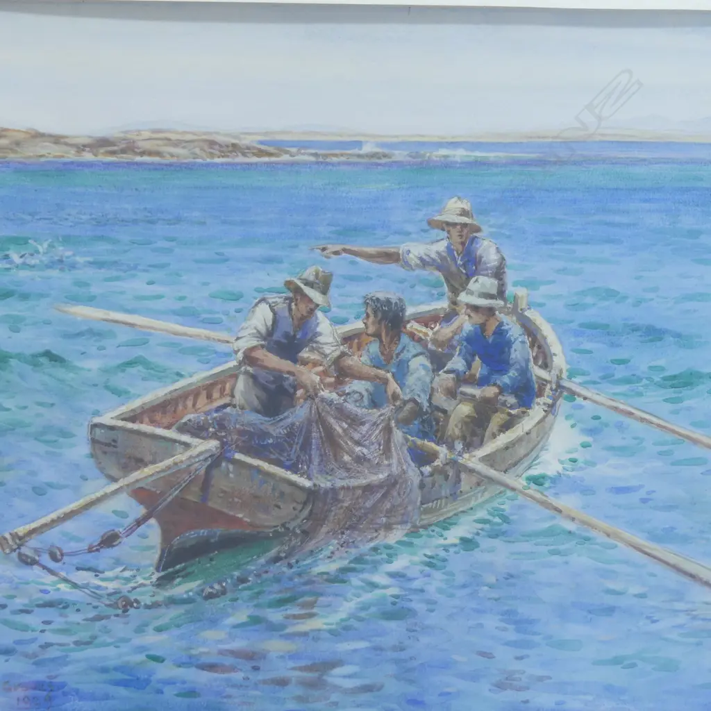 C. S. GROVES, 4 FIGURES IN A ROW BOAT, WC, SIGNED & DATED 1929 370x495mm Image 1++