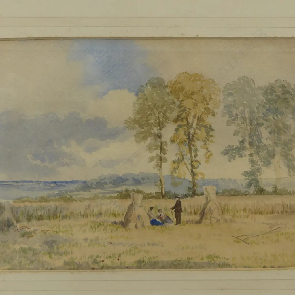 19TH/20TH CENTURY ENGLISH SCHOOL, HAY FEILD WATERCOLOUR LANDSCAPE, UNSIGNED, 170MM X 260MM. (some foxing) Image 1++