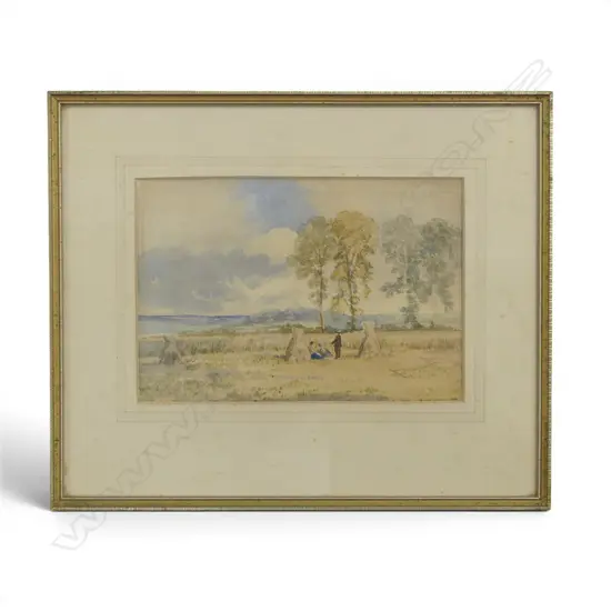 19TH/20TH CENTURY ENGLISH SCHOOL, HAY FEILD WATERCOLOUR LANDSCAPE, UNSIGNED, 170MM X 260MM. (some foxing)