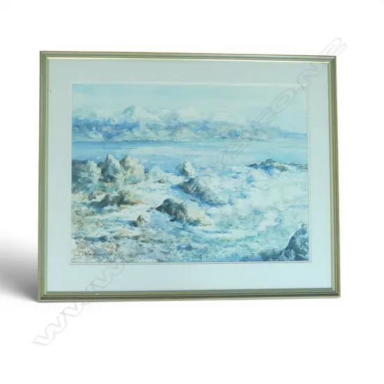 LARGE FRAMED W/C KAIKOURA COAST SIGNED DELRRME H480 W640MM