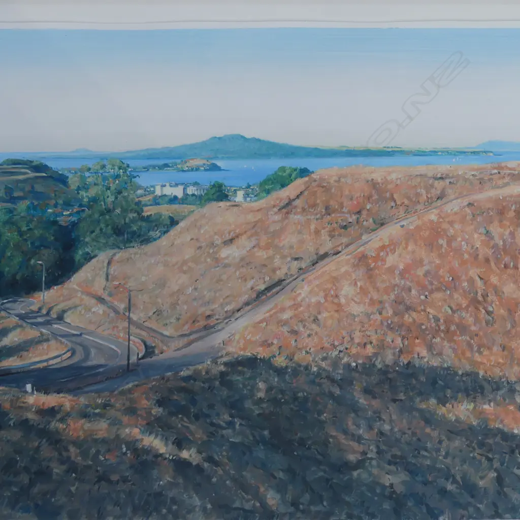JUSTIN BOROUGHS, RANGITOTO FROM MT EDEN, ACRYLIC ON PAPER 490x700mm Image 1++