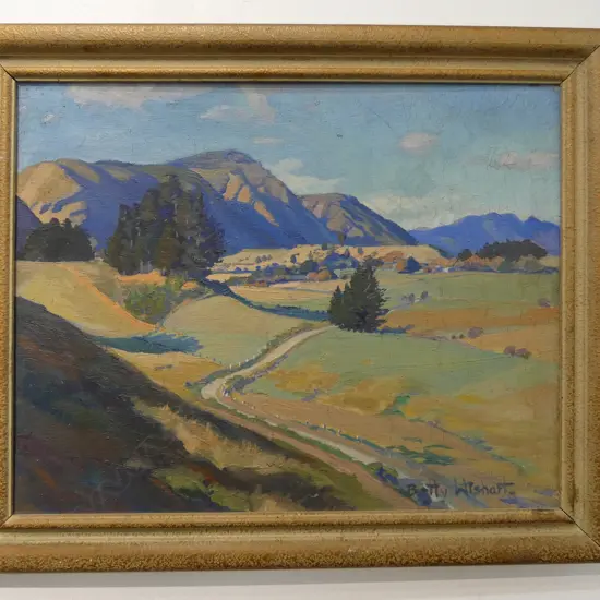 BETTY WISHART (NZ 1909-90) 'EAST ROAD, TAKAKA' OIL ON BOARD, SIGNED 345x440mm