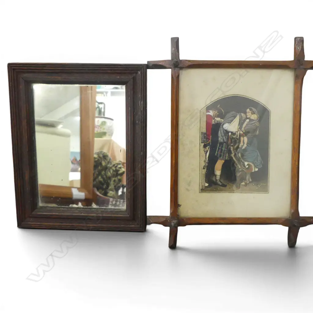 SMALL OAK FRAMED MIRROR AND ANTIQUE FRAMED PRINT SMALL LOSE TO FRAME 260 X 219 MM Image 1++