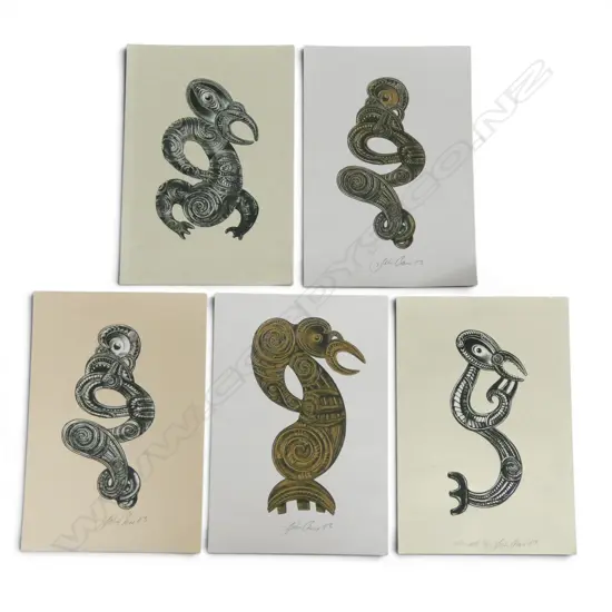 5 MANAIA PRINTS by JOHN CROSS unframed, 4 signed & dated '93 420x290mm