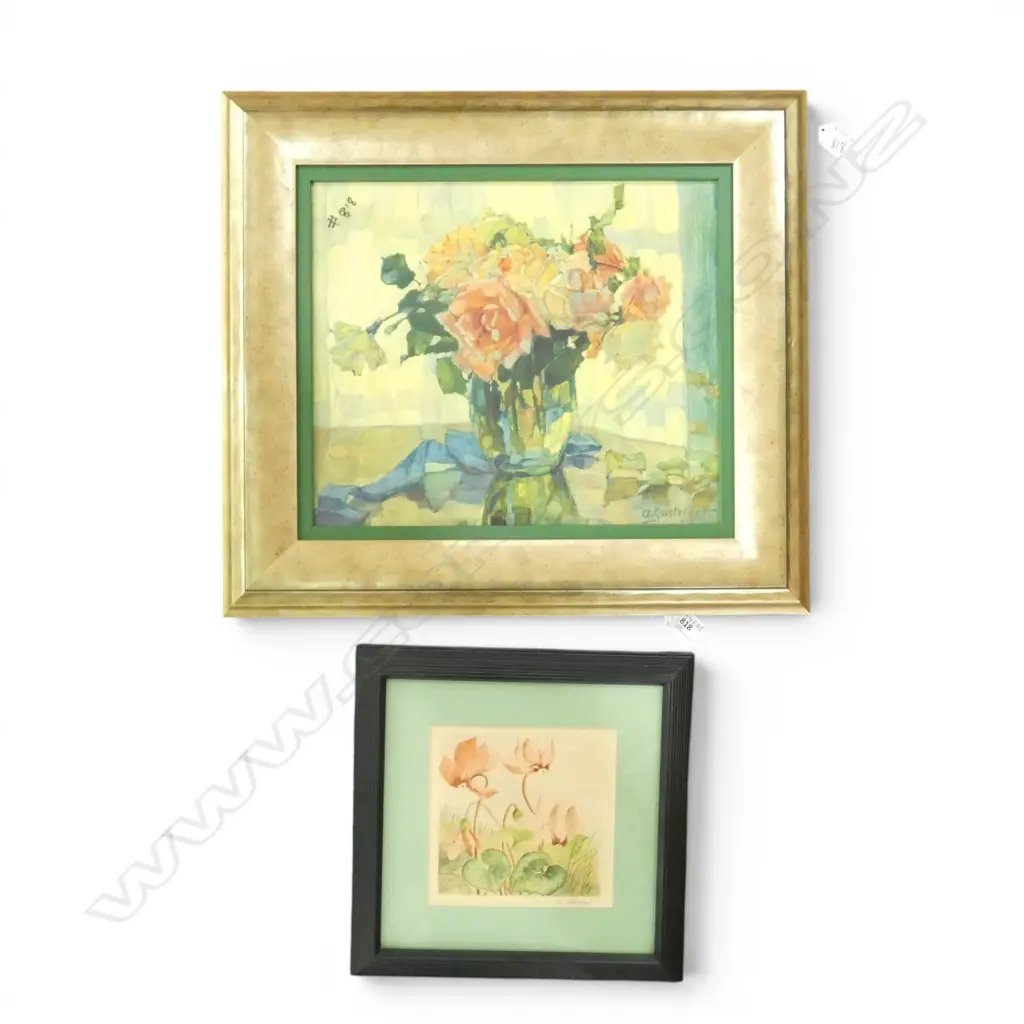 O. FORSTER, UNTITLED FLORAL, WATERCOLOUR, 155x155mm + FLORAL STILL LIFE PRINT  Image 1++