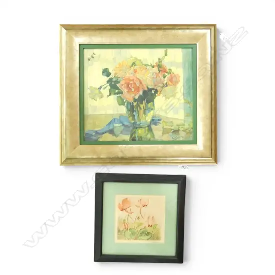 O. FORSTER, UNTITLED FLORAL, WATERCOLOUR, 155x155mm + FLORAL STILL LIFE PRINT 