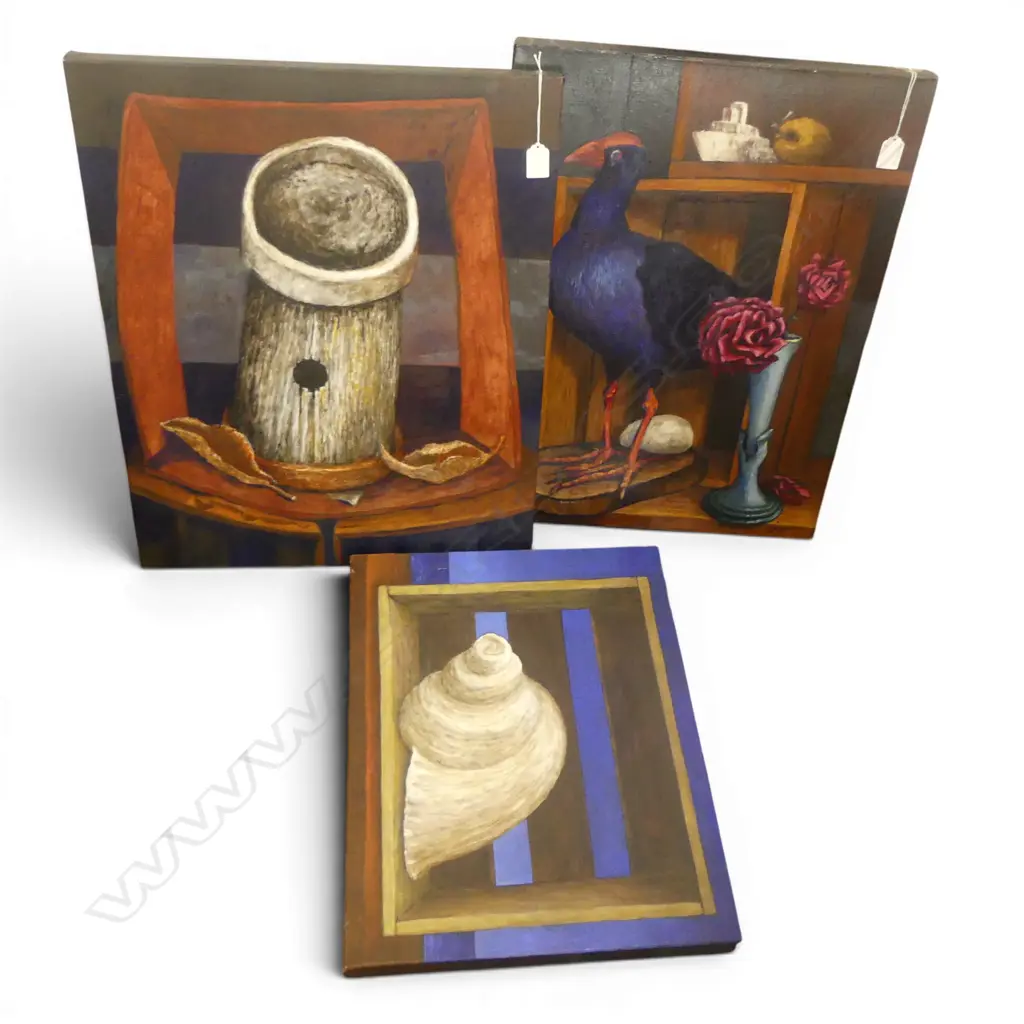 ROGER STAPLES, THREE STILL LIFE PAINTINGS, OIL ON CANVAS (3), 610 X 510M (2) + 510 X 410mm Image 1++