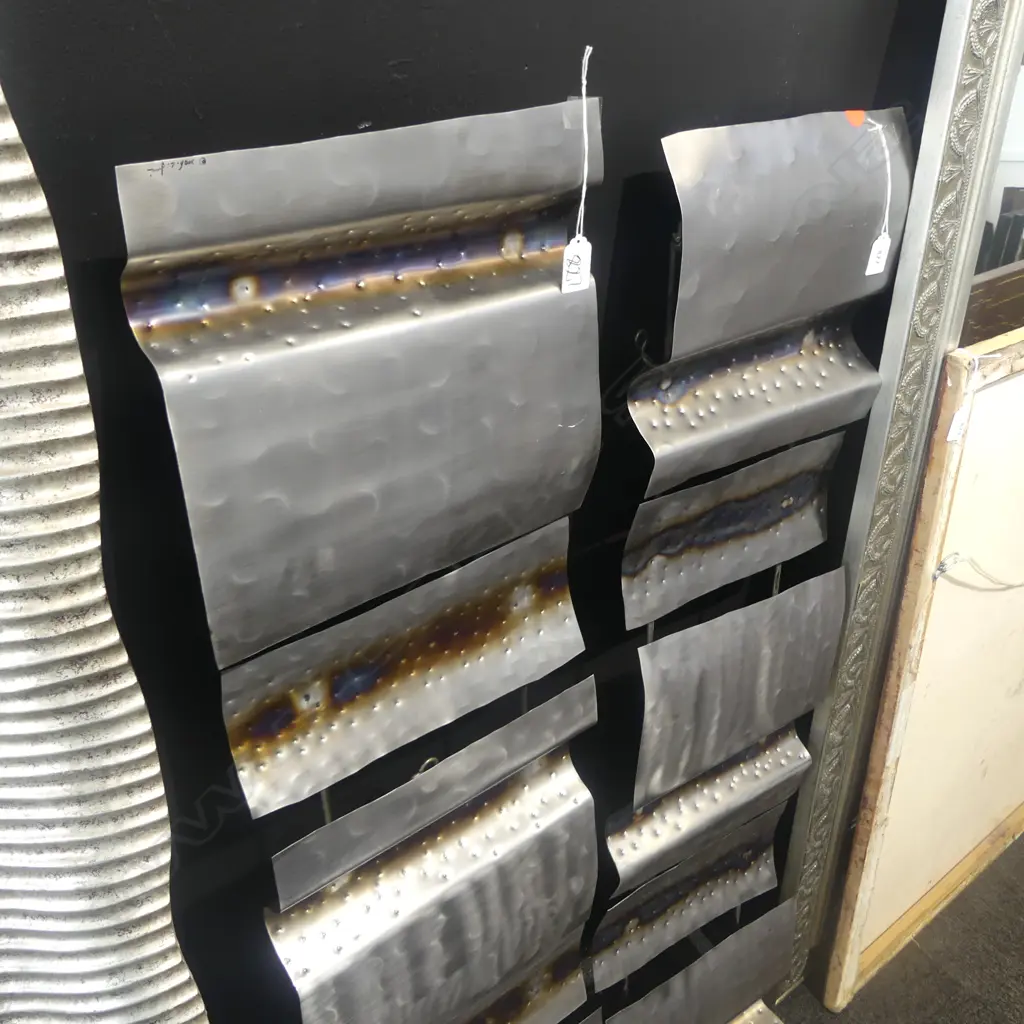 2 INDUSTRIAL METAL PANELED WALL HANGINGS indistinctly signed 305x1140mm Image 1++
