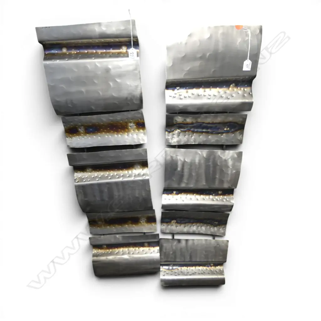 2 INDUSTRIAL METAL PANELED WALL HANGINGS indistinctly signed 305x1140mm Image 1++