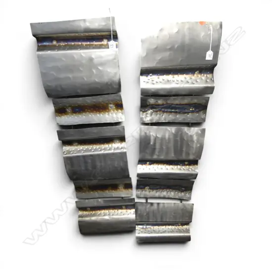 2 INDUSTRIAL METAL PANELED WALL HANGINGS indistinctly signed 305x1140mm