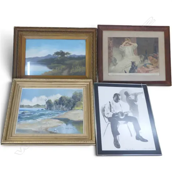 4 ARTWORKS; 2 LANDSCAPE OILS 390x490mm, JAZZ PRINT, PEARS PRINT 'THE INVADERS'