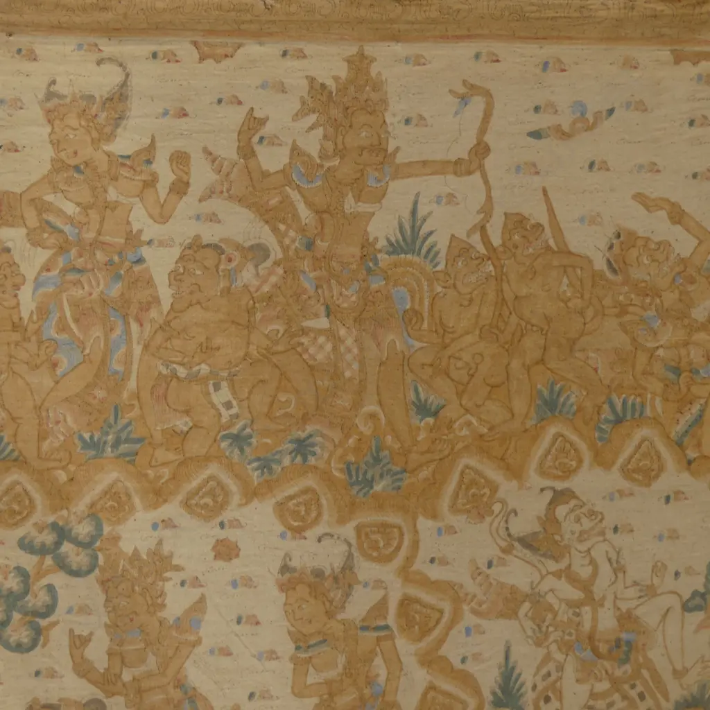 MONTED VINTAGE BALINESE KAMASAN PAINTING , THE RAMAYANA Image 1++