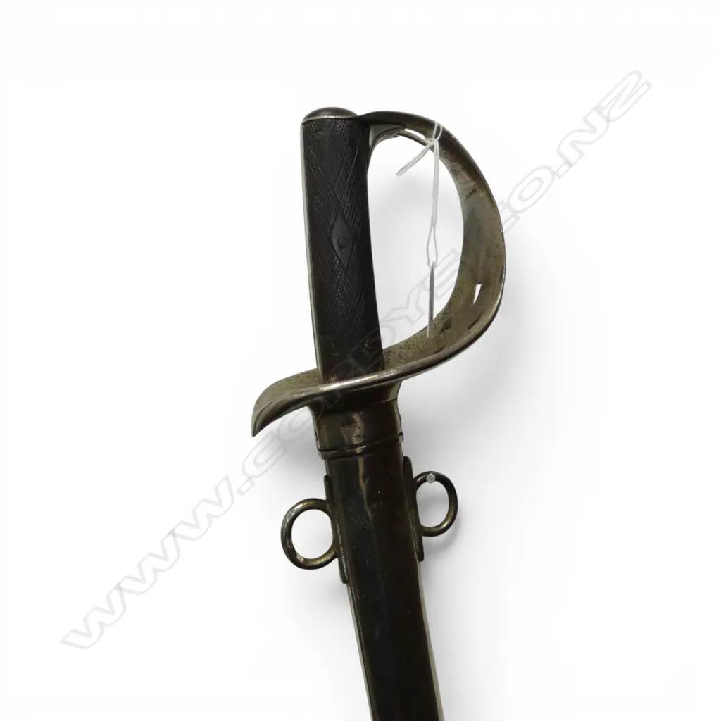 BRITISH 1885 PATTERN CAVALRY TROOPER'S SWORD steel bowl pierced with Maltese Cross. Checkered wood grips. In scabbard. Image 1++