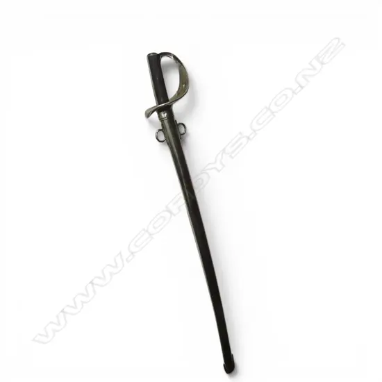 BRITISH 1885 PATTERN CAVALRY TROOPER'S SWORD steel bowl pierced with Maltese Cross. Checkered wood grips. In scabbard.