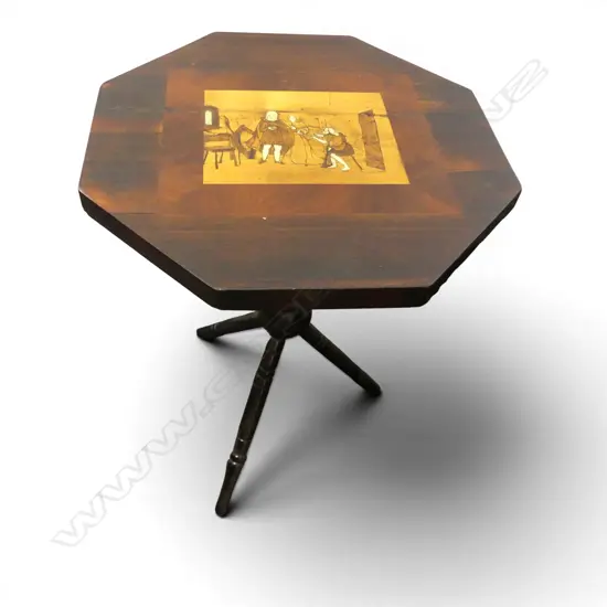 OCTAGONAL ROSEWOOD SIDE TABLE w. PICTORIAL INLAY H.630mm, 510mm dia