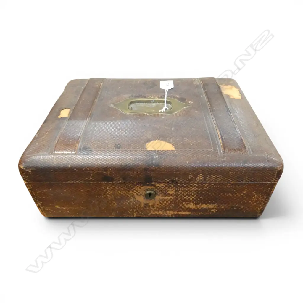 VICTORIAN LEATHER BOUND WRITING SLOPE, worn condition, missing interior, 340x120x250mm Image 1++