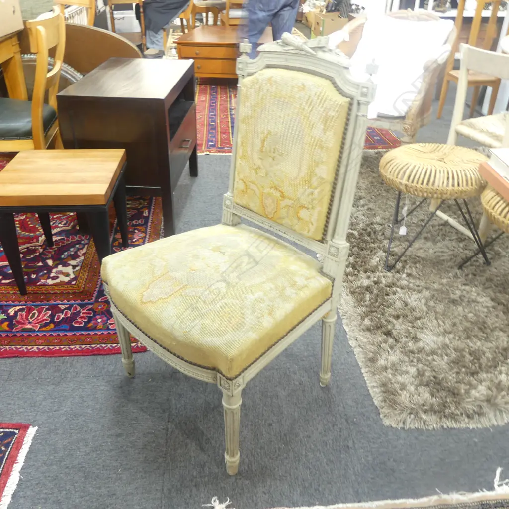 19thC FRENCH PAINTED SALON CHAIR w. NEEDLEWORK UPHOLSTERY Image 1++