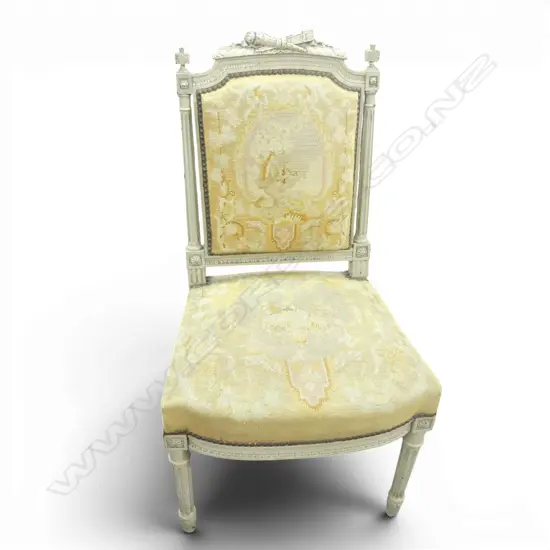 19thC FRENCH PAINTED SALON CHAIR w. NEEDLEWORK UPHOLSTERY