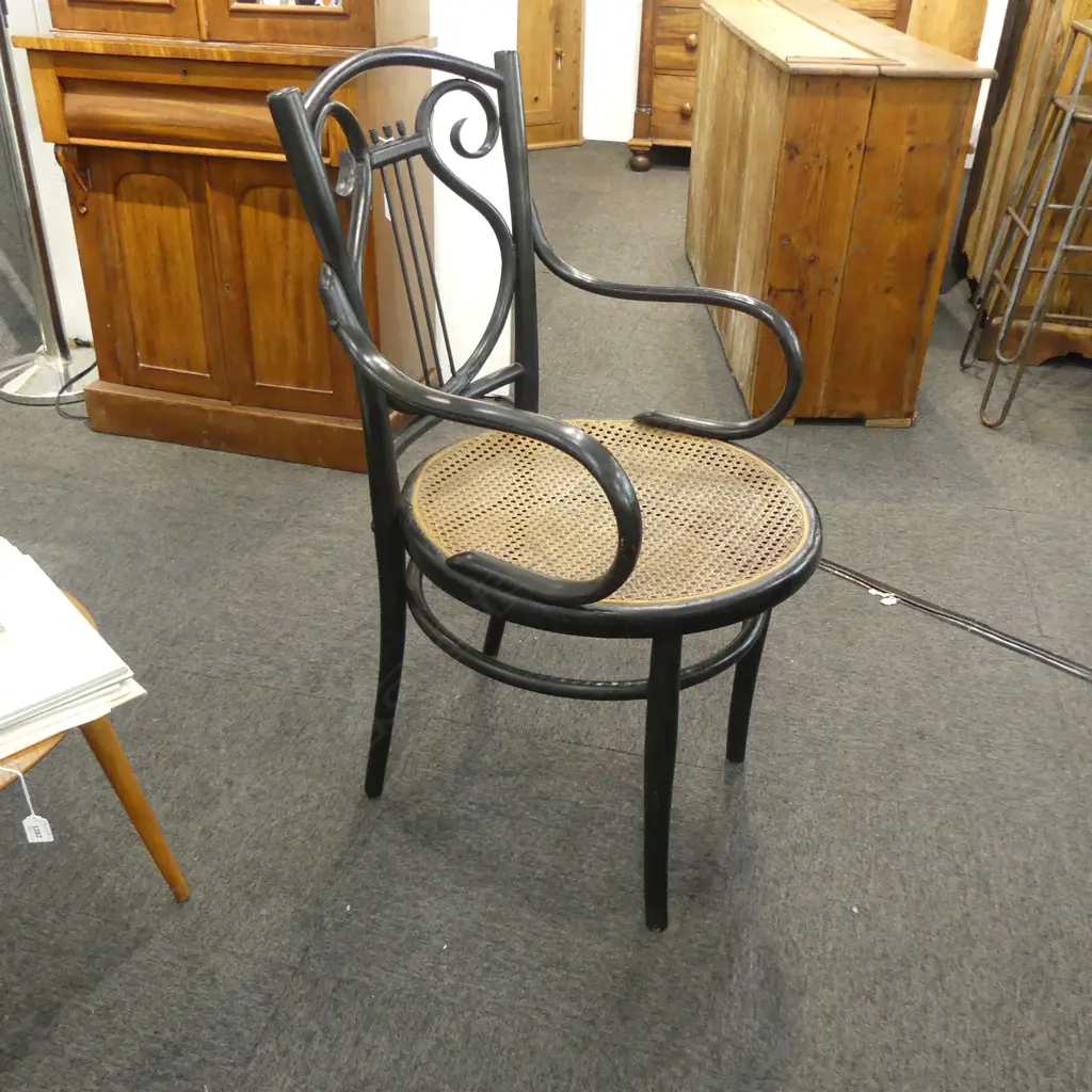 ANTIQUE THONET BENTWOOD ARMCHAIR, LYRE BACK Image 1++