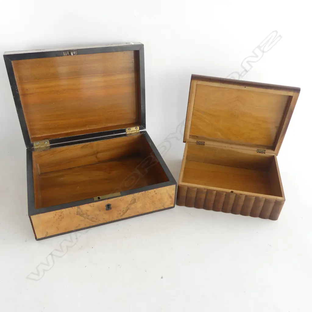 2 VINTAGE BOXES one walnut vaneer, faults W.270mm Image 1++