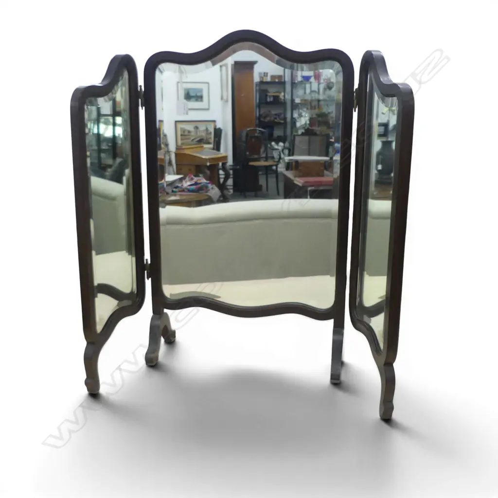 1940'S DARK MAHOGANY FRAMED 3 WAY CHEST DRESSING MIRROR. 960 x 760mm. French style with bevelled edge Image 1++