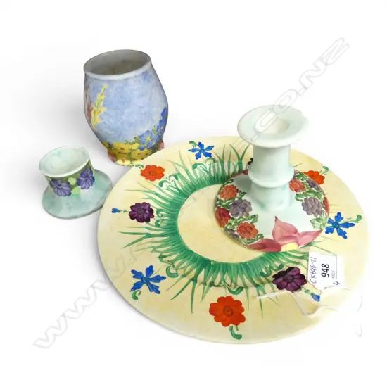 4 PCES OF RADFORD; HAND-PAINTED PLATE, CANDLESTICK (CHIP), VASE & OTHER Dia.230mm